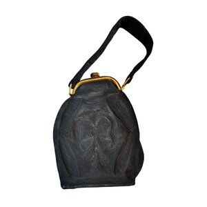 Vintage Corde Black Evening Handbag Purse Gold Tone Snap Art Deco Cocktail